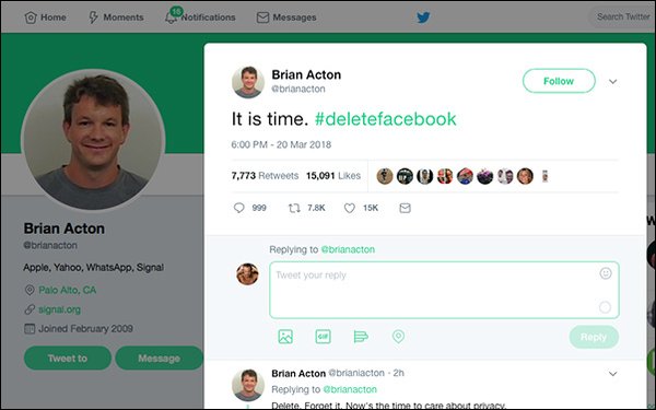 در ماه مارس 2018، بعد از به بار آمدن رسوایی سیاسی امنیتی فیس بوک، Acton توییتی با عنوان #Deletefacebook را وایرال کرد.