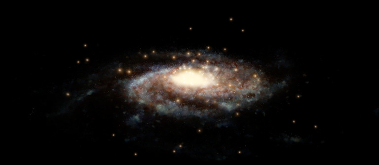 تصویر بازسازی شده کامپیوتری از کهکشان راه شیری با جایگاه دقیق خوشه های کروی(نقطه های زرد رنگ)