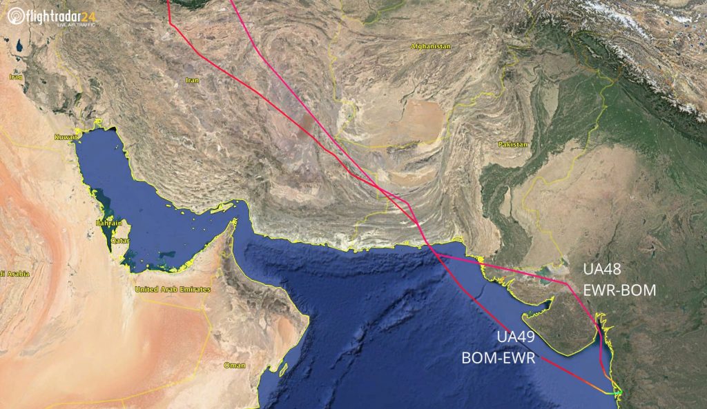 مسیر پرواز یونایتد از روی حریم فضایی ایران