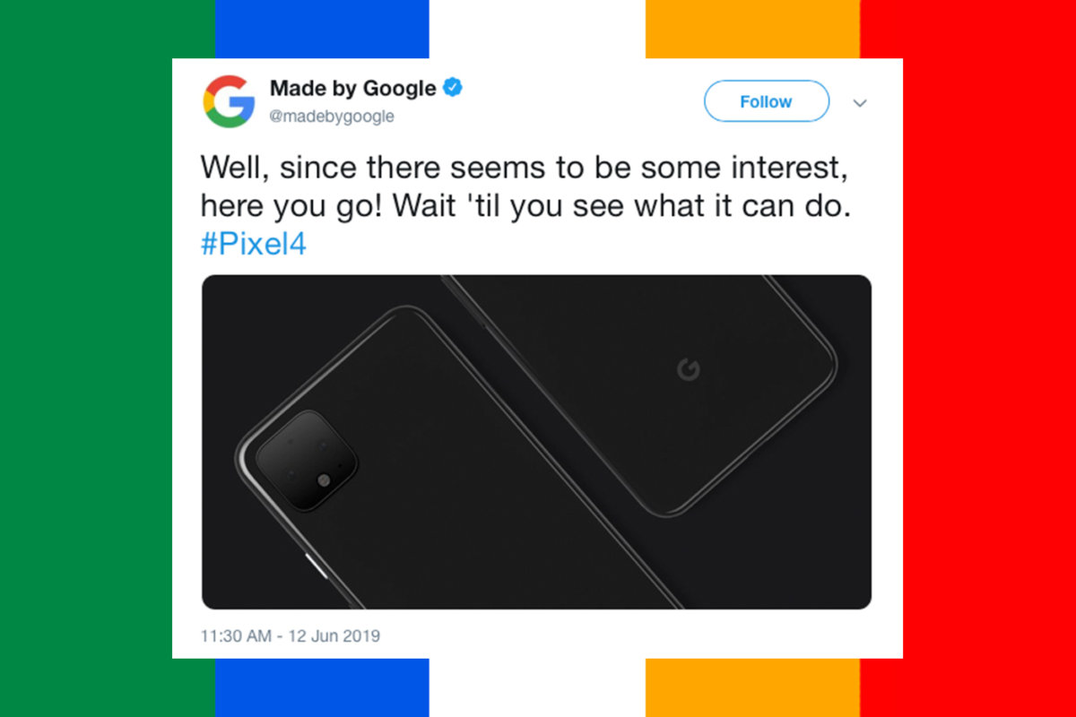 توییت جدید گوگل درباره گوگل پیکسل. در زیر عکس عبارت «صبر کنید تا ببینید که این( اشاره به قسمت مربع شکل پشت دستگاه) چه کارها می‌کند.» نوشته شده است.